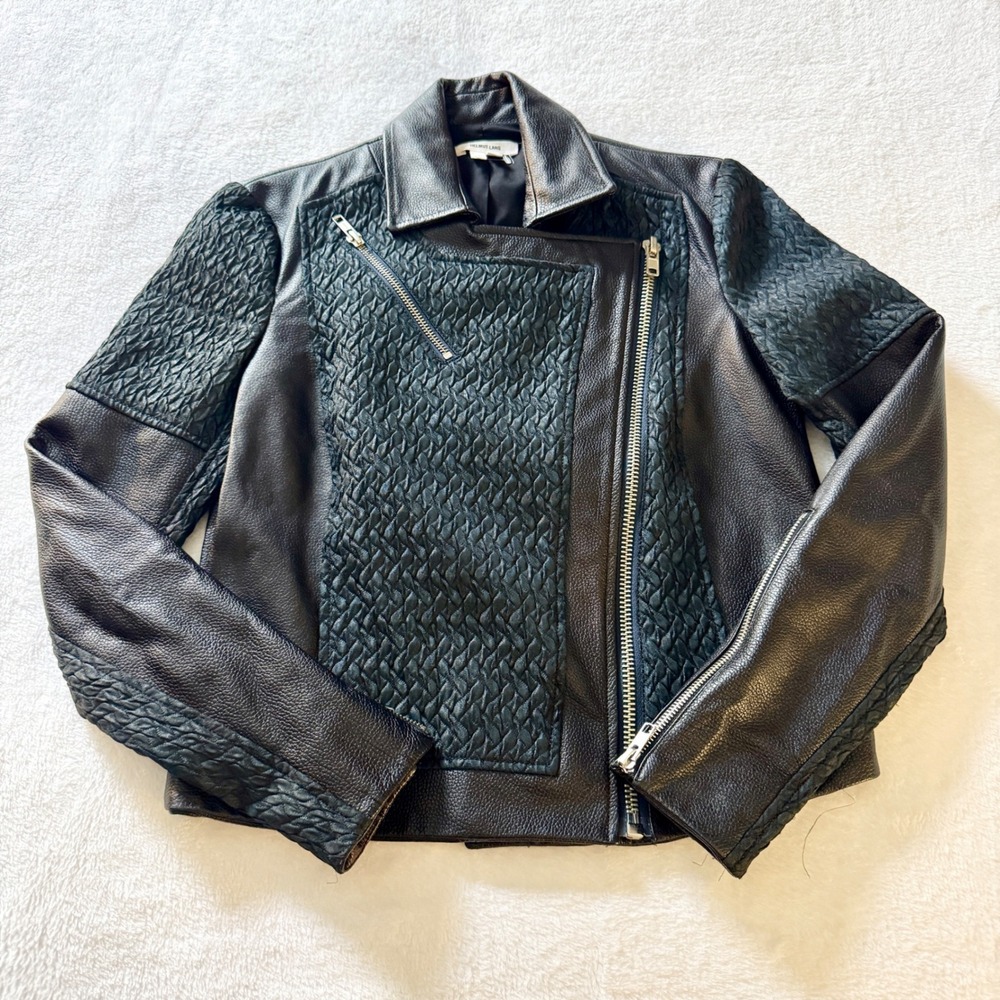 Helmut Lang Textured Moto Jacket Womens Size P‎ Black Faux Leather Polyester
